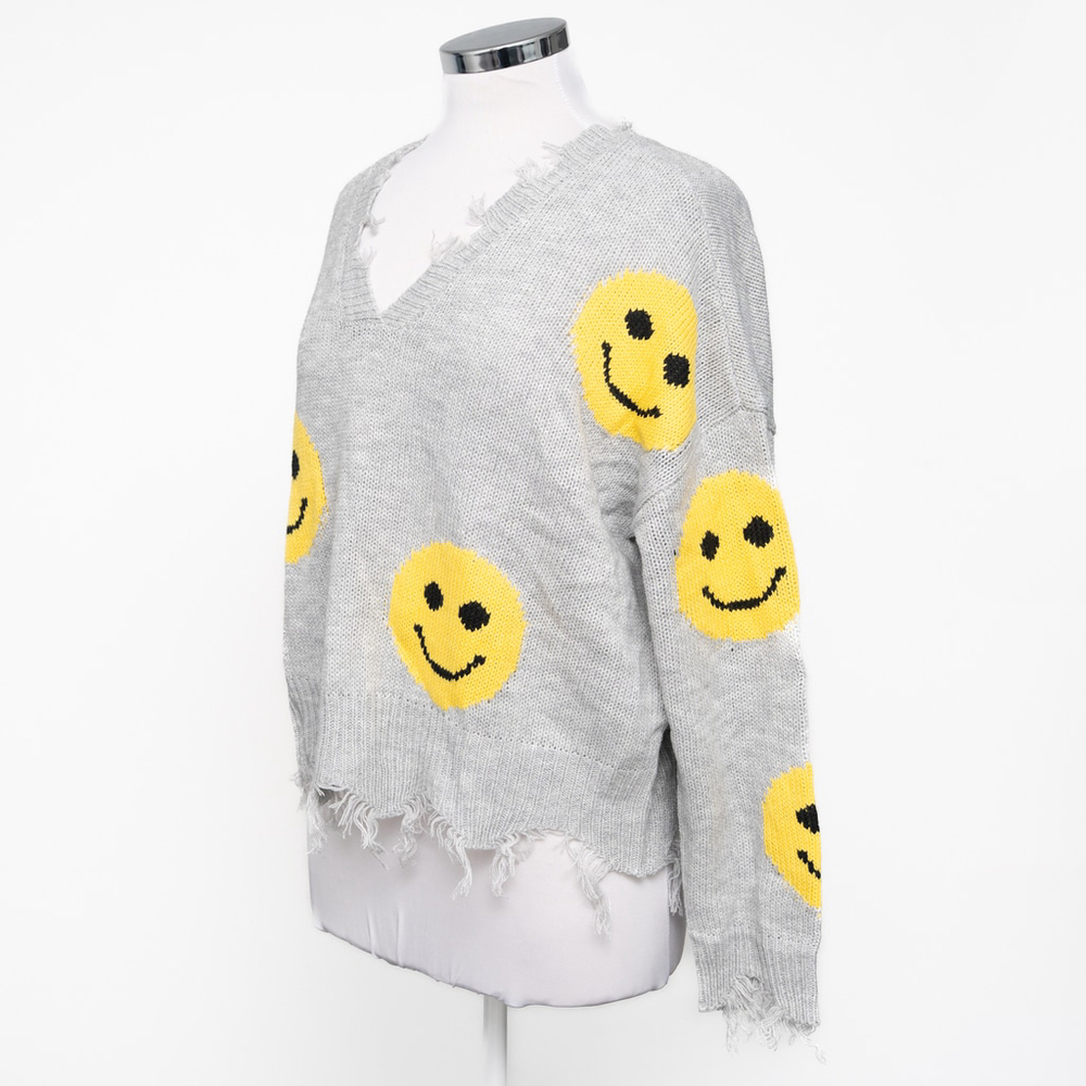 No Comment NY-LA Smiley Face Distressed Gray Knit Sweater - Picture 6 of 9